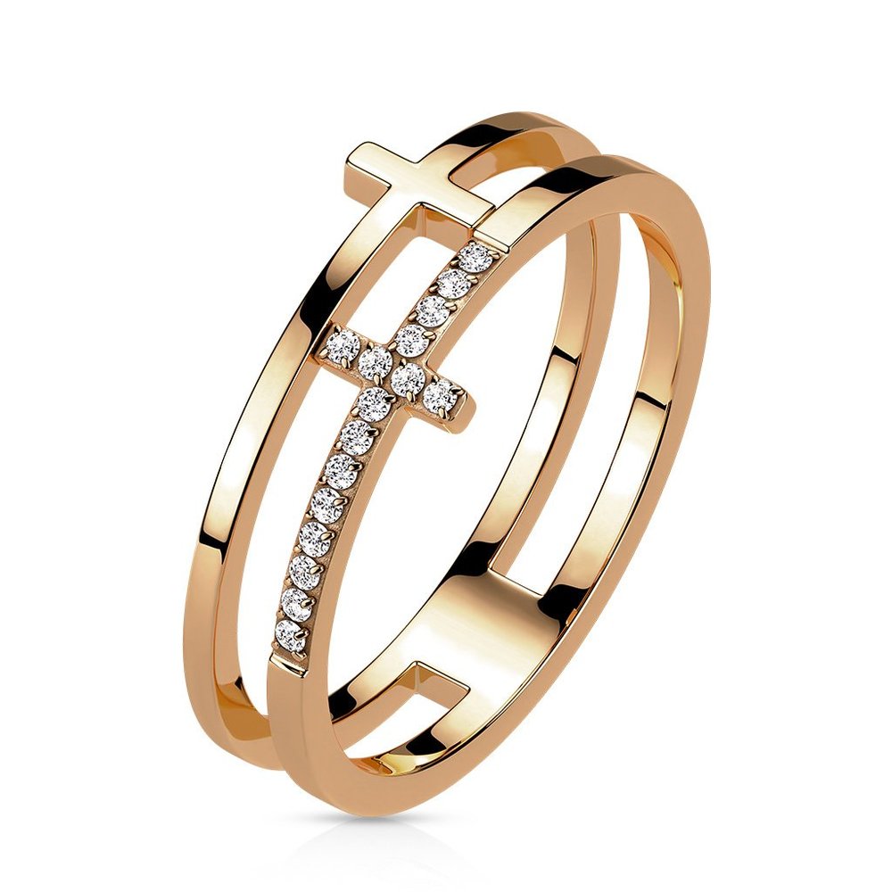 CZ Double Sideways Split Cross Rose Gold Stainless Steel Ring